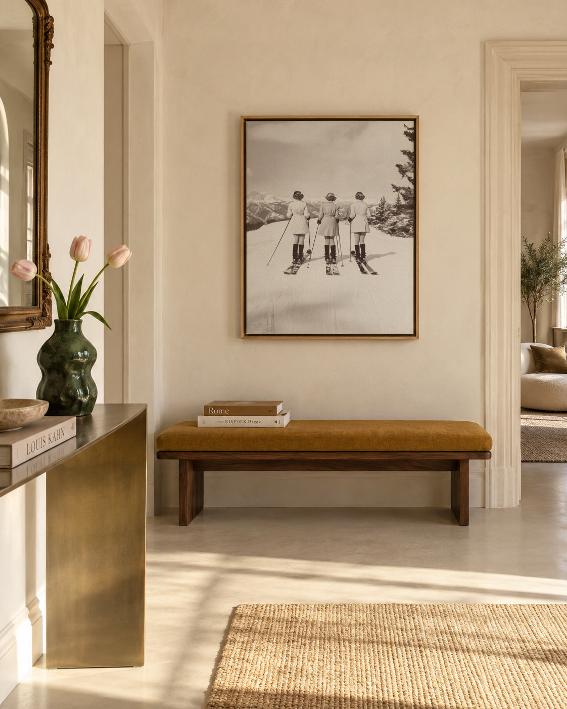 Vintage Glamour Skiers - Framed canvas in an interior