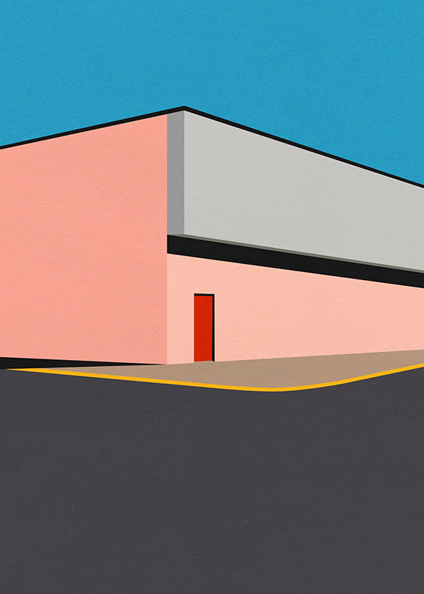 Ilustración minimal de fachada con puerta roja