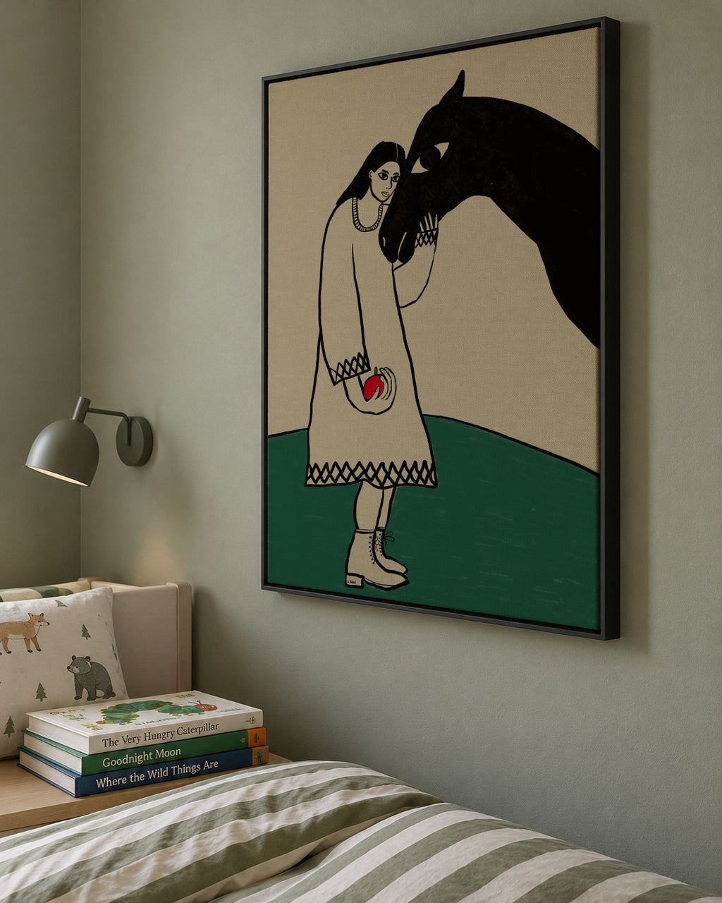 Lady and her horse - Framed canvas in an interior