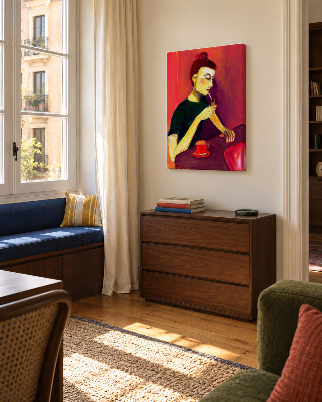 Lady lighting cigarette - Unframed canvas in an interior
