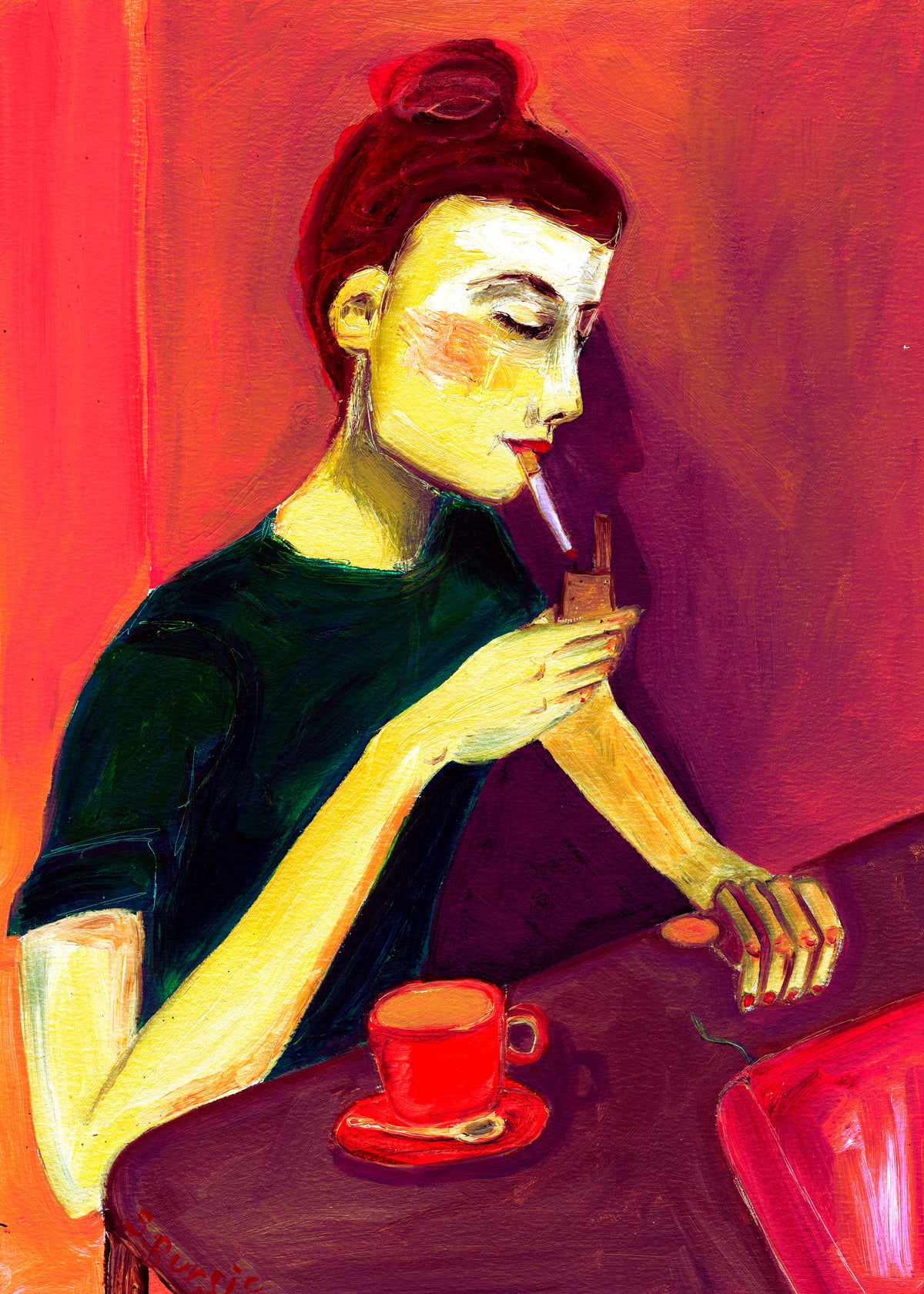 Lady lighting cigarette - Unframed art print