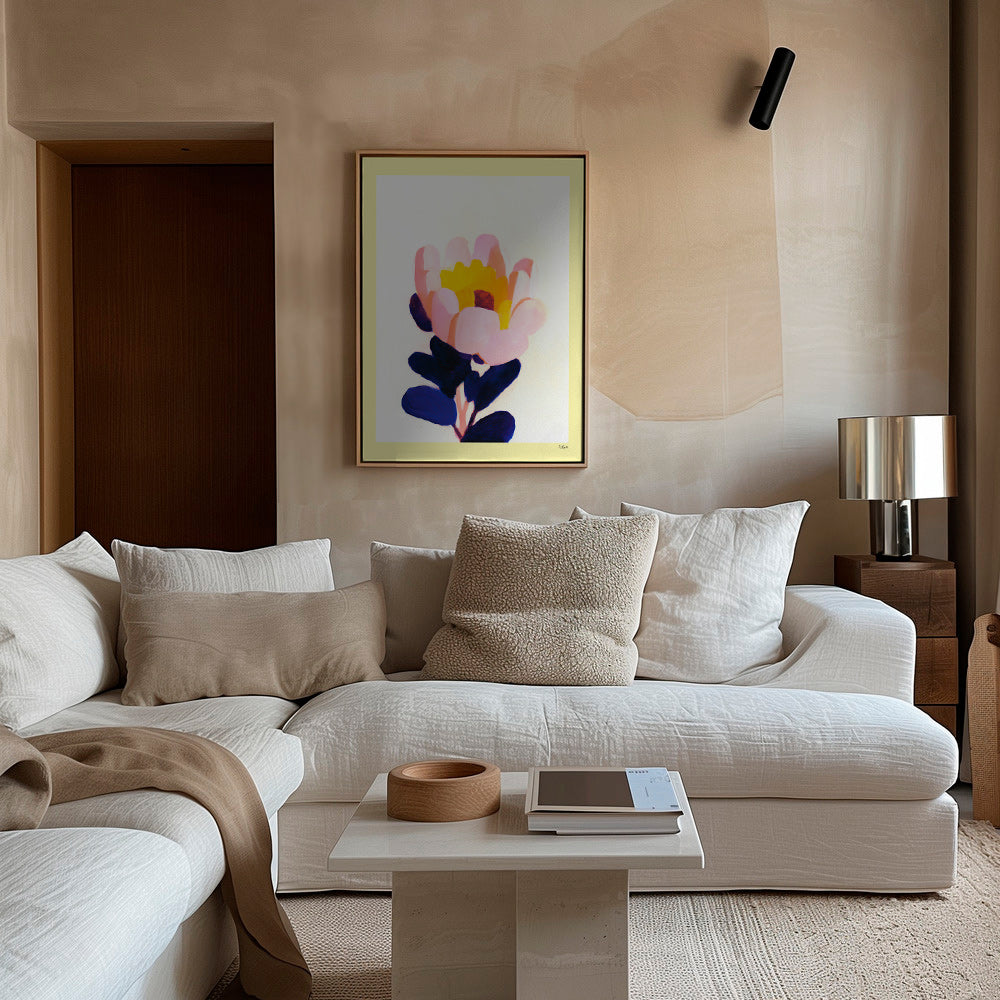 Lámina botánica: flor rosa con hojas azul profundo – Canvas2