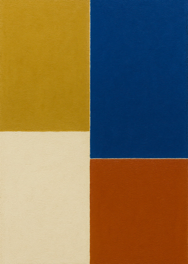 Cuadro abstracto de bloques mostaza y azul