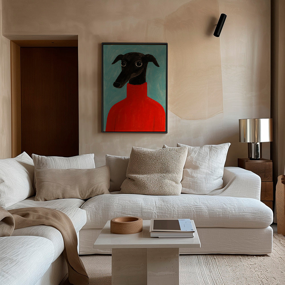 Cuadro retrato de galgo con jersey rojo – Canvas2
