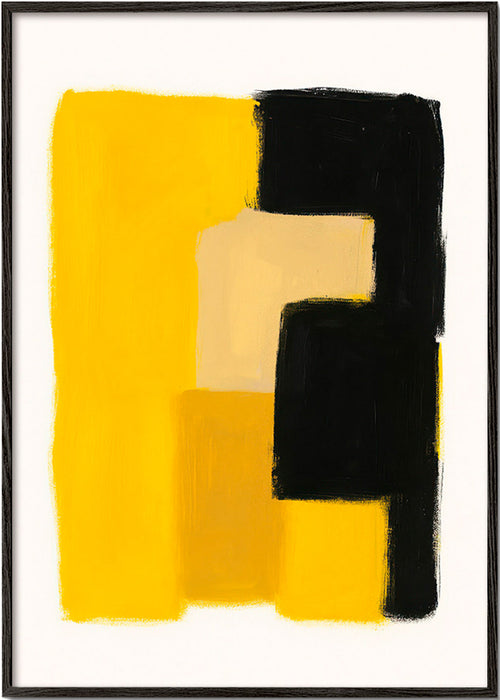 Cuadro abstracto amarillo y negro con bloques gestuales – Black Frame