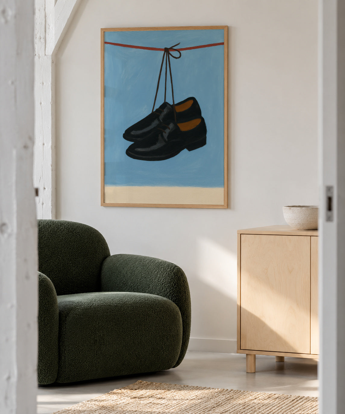 Hanging Shoes - Framed poster in an interior