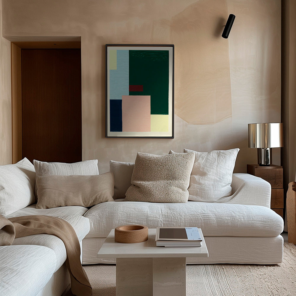 Cuadro geométrico: bloques pastel y verde profundo – Canvas2