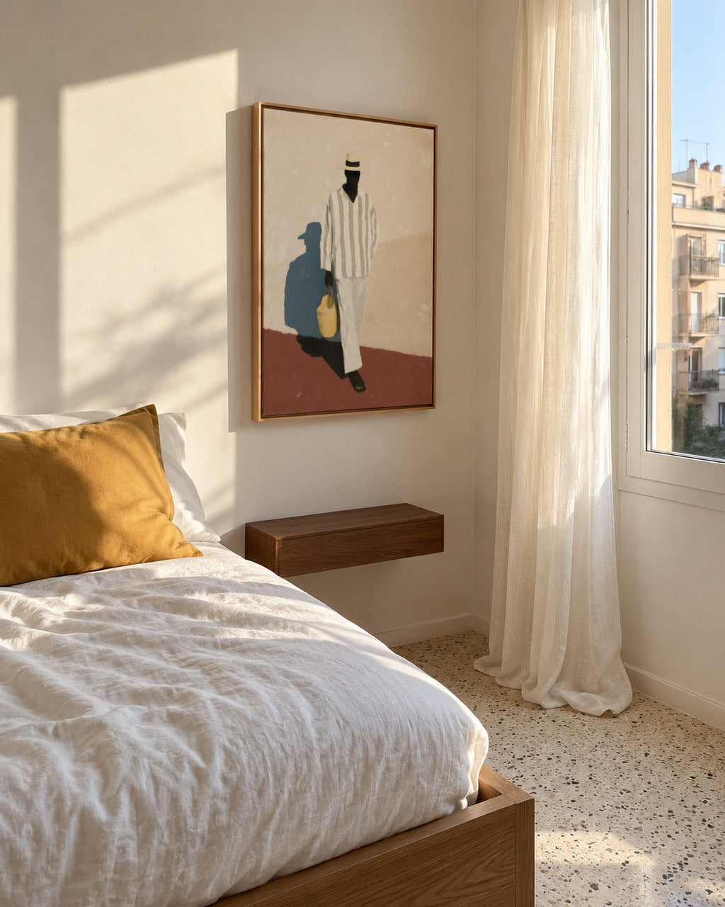 White Suit Walk I - Framed canvas in an interior