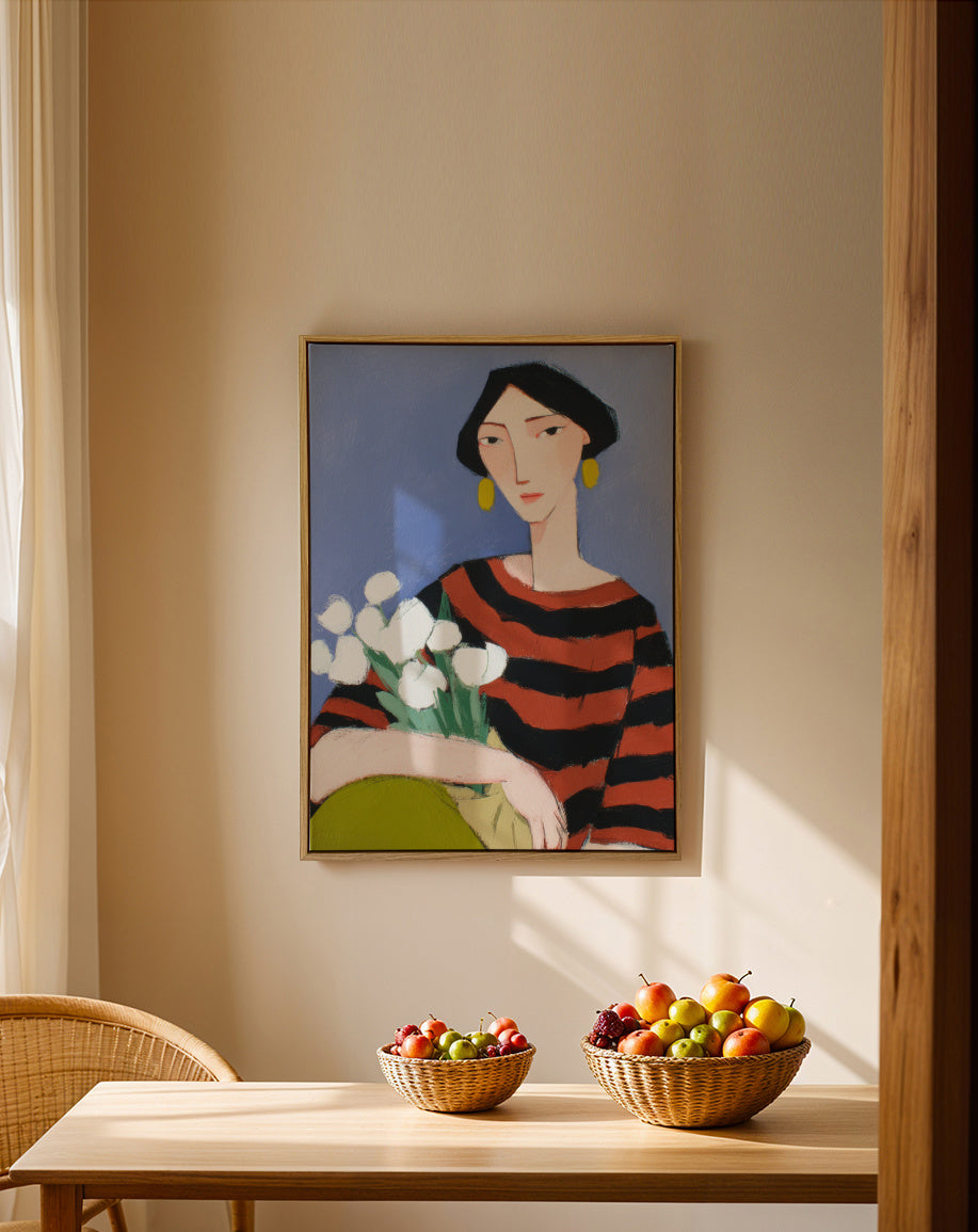 Portrait with White Tulips - Framed canvas in an interior