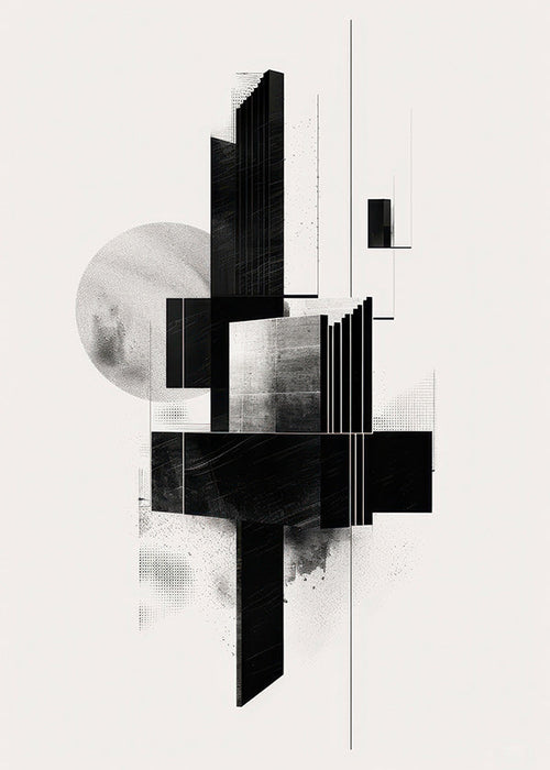 Cuadro geométrico en blanco y negro con formas arquitectónicas