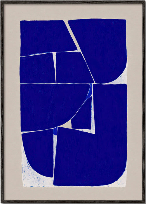 Cuadro abstracto con bloques azules orgánicos – Black Frame