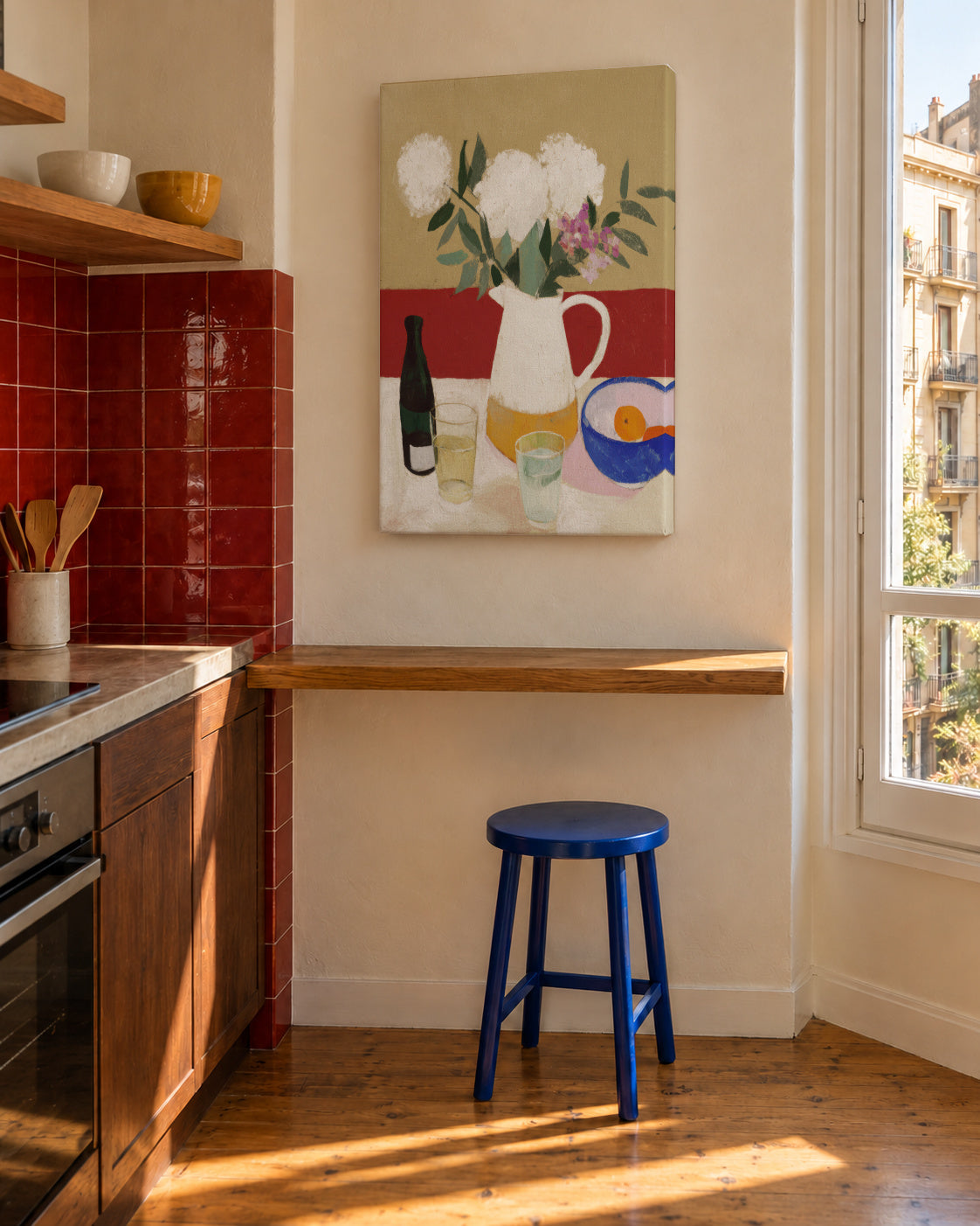 White Flowers & Pitcher II - Unframed canvas in an interior