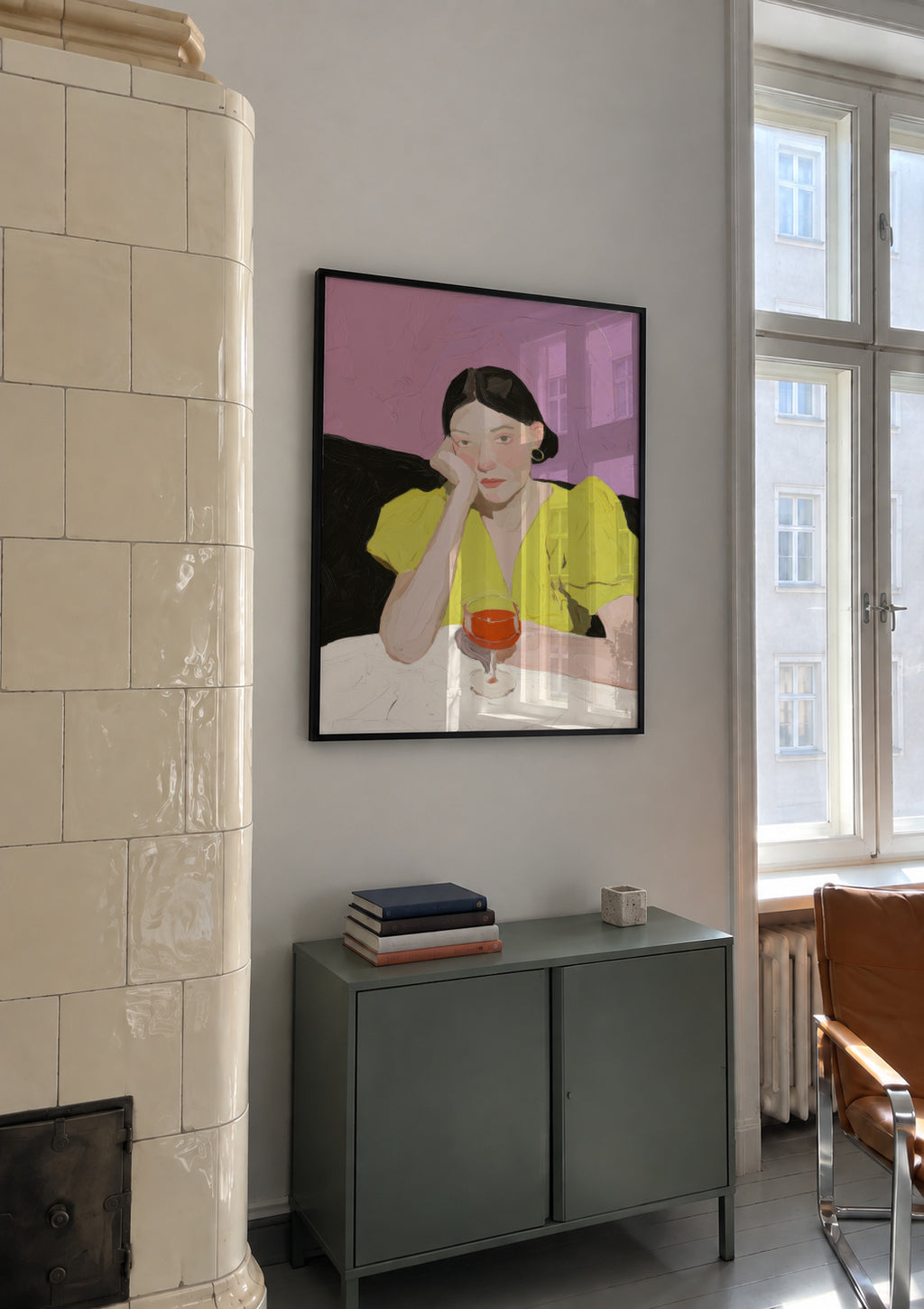 Lime Green Stillness - Framed poster in an interior