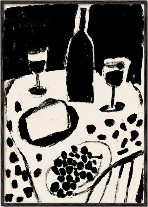 Kitchen art: bottle and grapes monochrome