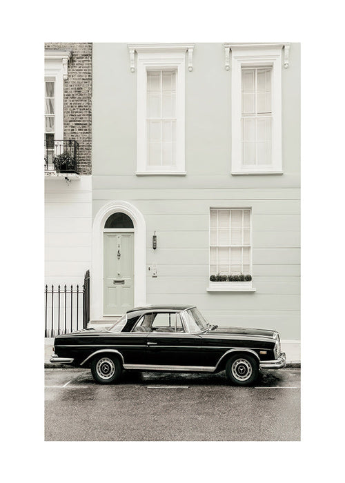 Vintage print classic car by a city facade