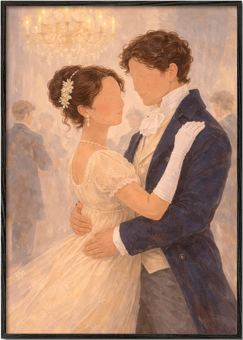 Illustration of a romantic dance in a vintage hall
