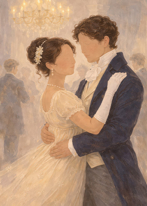 Illustration of a romantic dance in a vintage hall